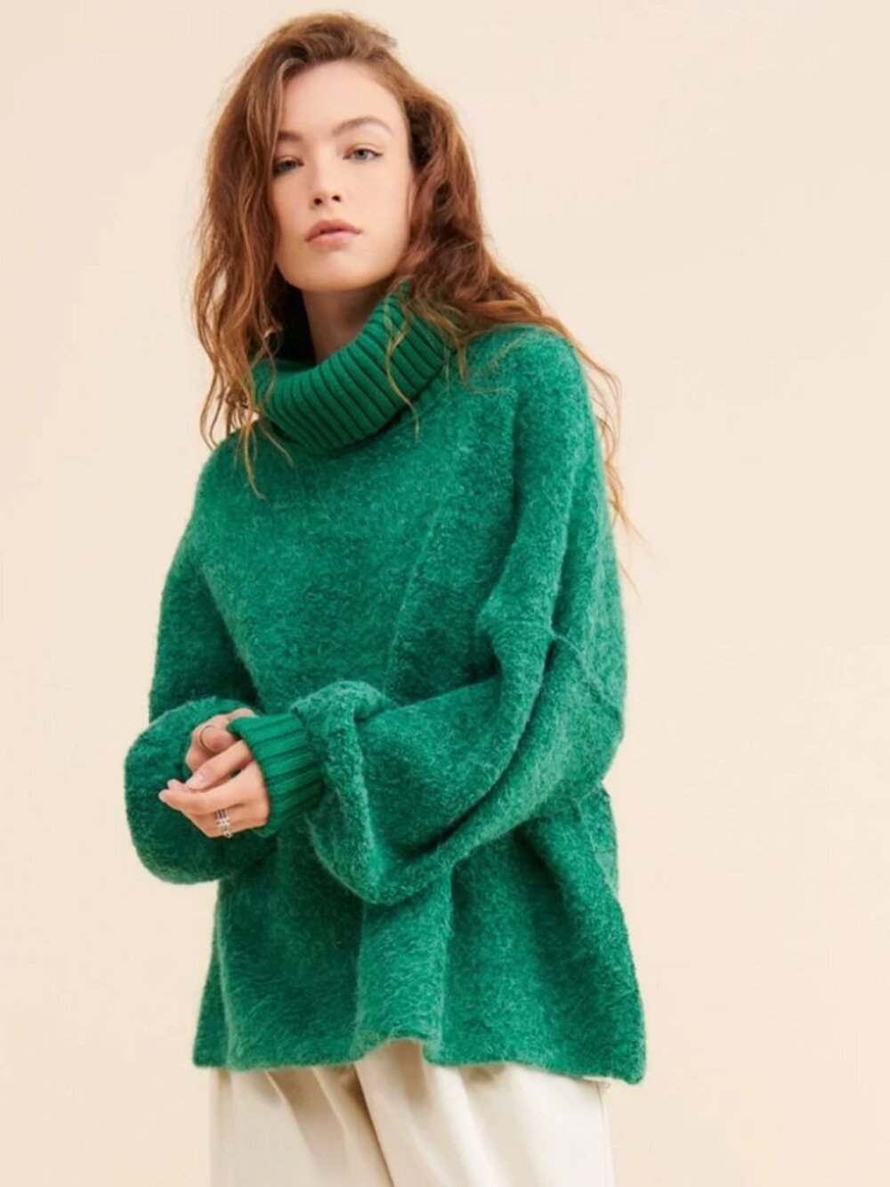 Free People Milo Emerald Green Oversized Turtleneck Sweater Size Medium
